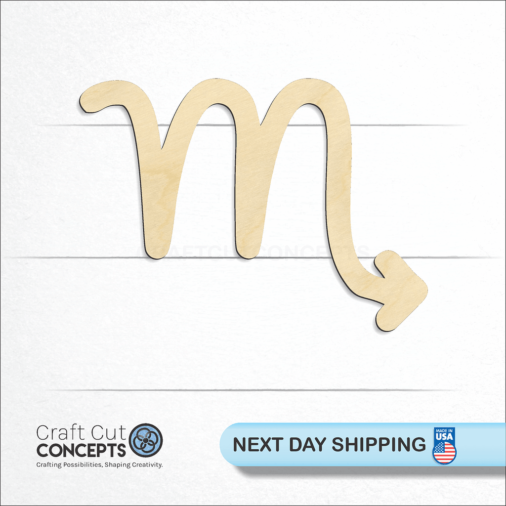 Craft Cut Concepts logo and next day shipping banner with an unfinished wood Zodiac - Scorpio craft shape and blank