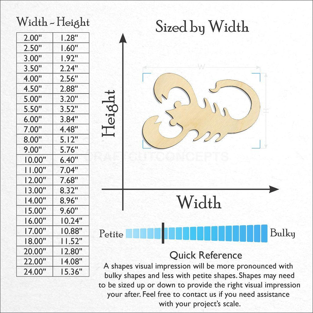 Sizes available for a laser cut Zodiac - Scorpio craft blank