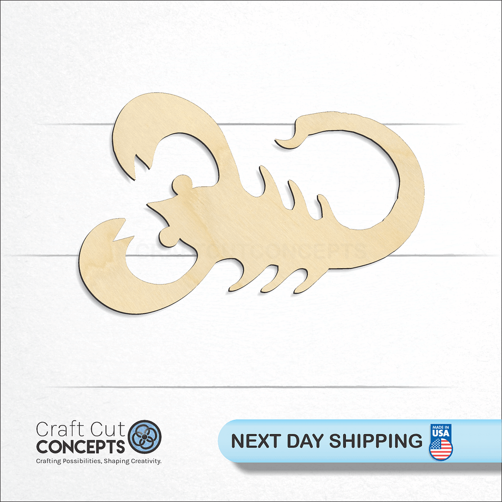 Craft Cut Concepts logo and next day shipping banner with an unfinished wood Zodiac - Scorpio craft shape and blank