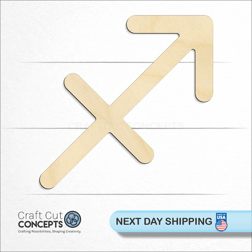 Craft Cut Concepts logo and next day shipping banner with an unfinished wood Zodiac - Sagittarius craft shape and blank