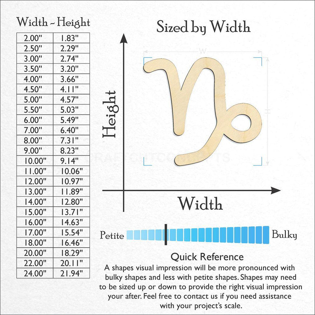 Sizes available for a laser cut Zodiac - Capricorn craft blank