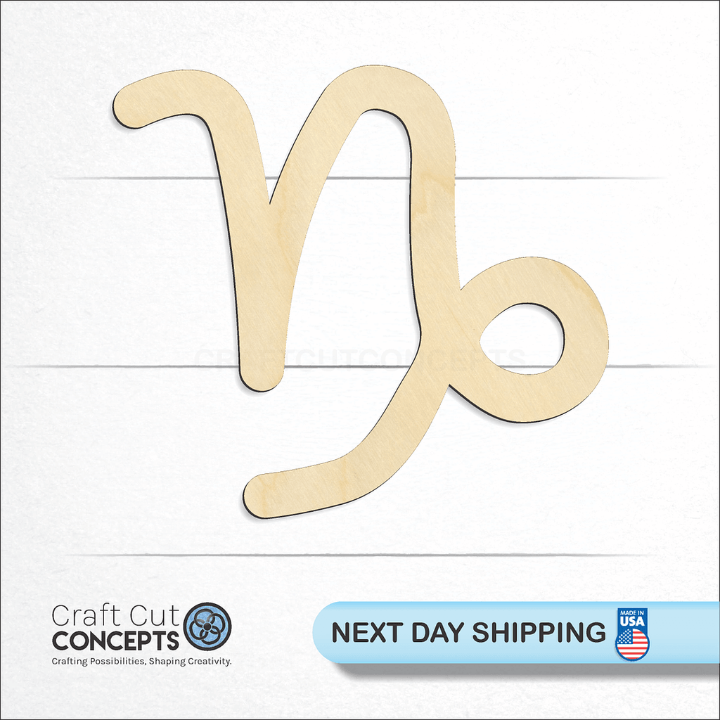 Craft Cut Concepts logo and next day shipping banner with an unfinished wood Zodiac - Capricorn craft shape and blank