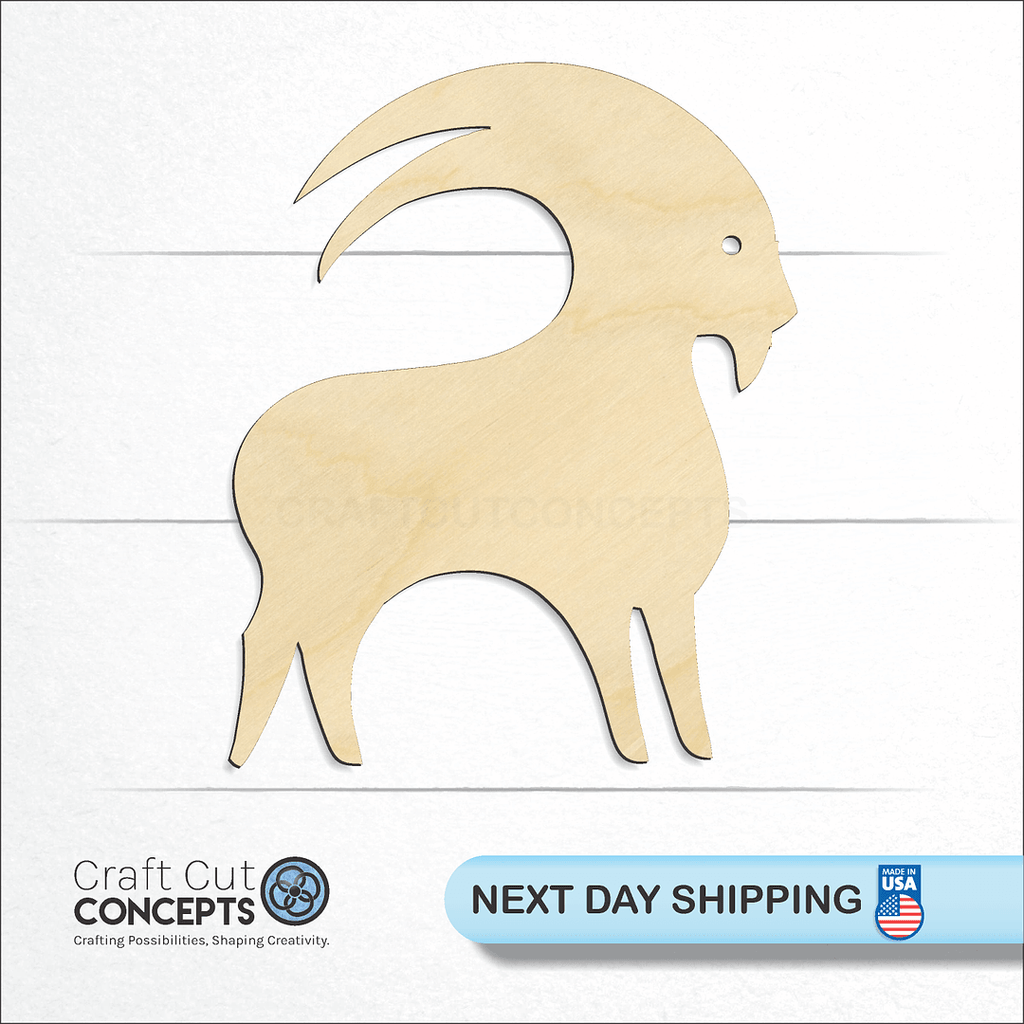 Craft Cut Concepts logo and next day shipping banner with an unfinished wood Zodiac - Capricorn craft shape and blank