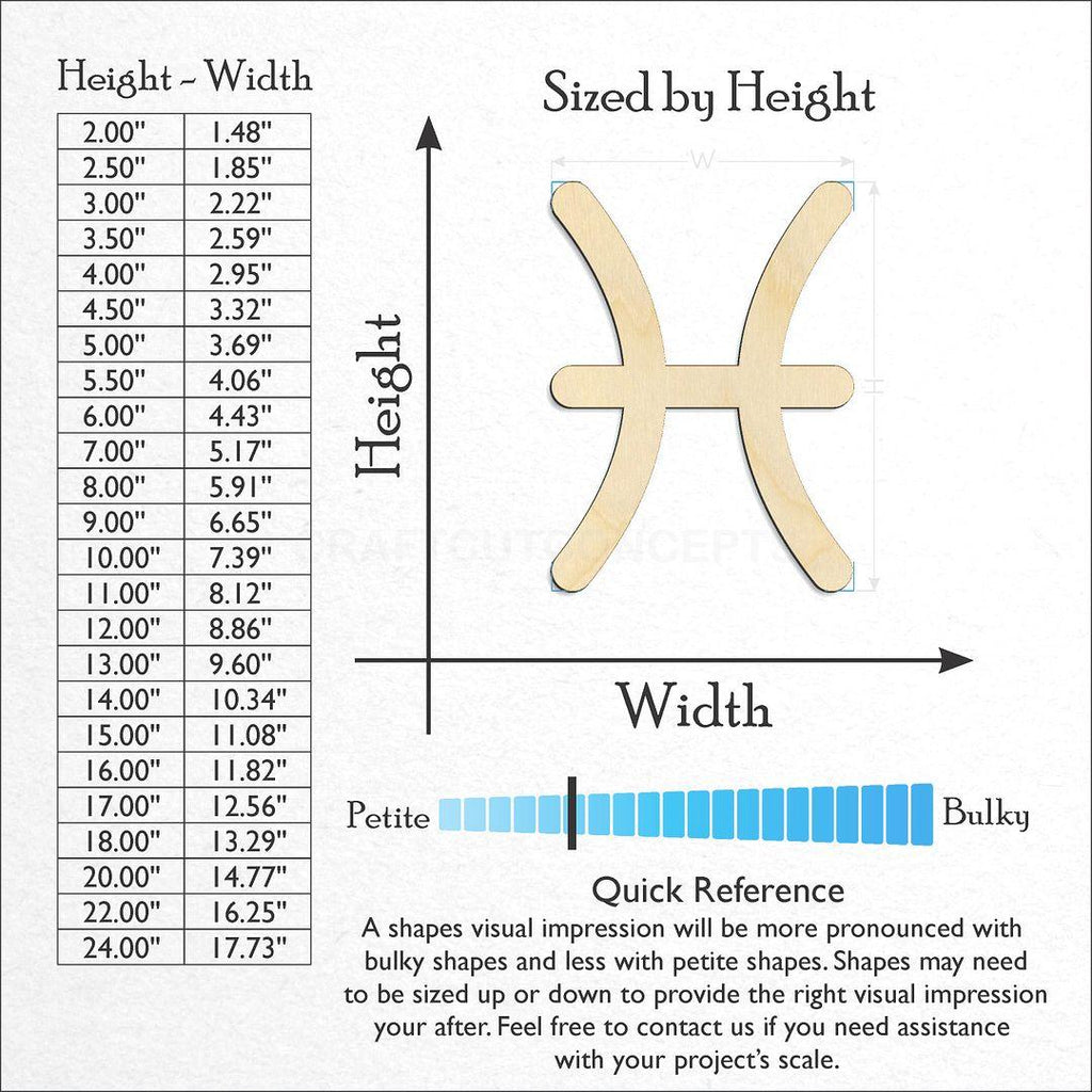 Sizes available for a laser cut Zodiac - Pisces craft blank