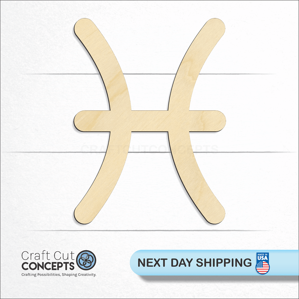 Craft Cut Concepts logo and next day shipping banner with an unfinished wood Zodiac - Pisces craft shape and blank