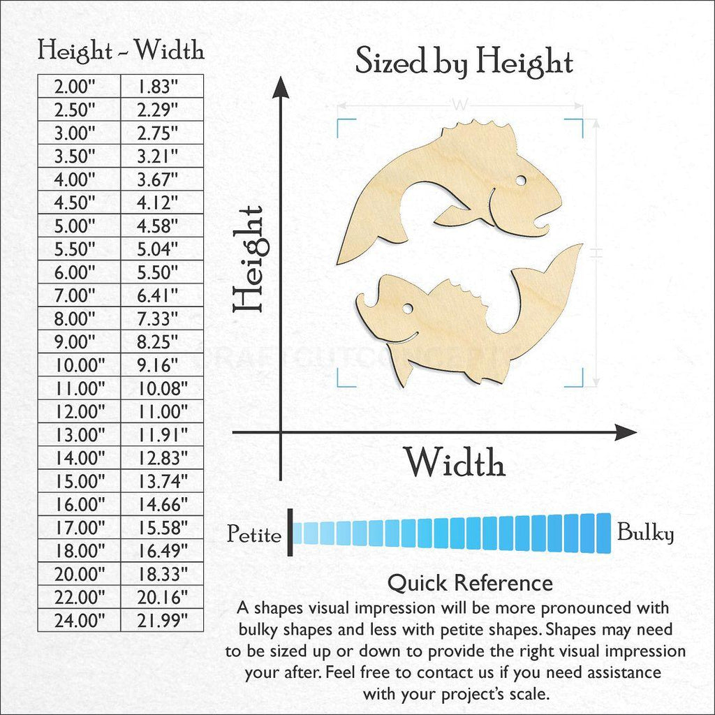 Sizes available for a laser cut Zodiac - Pisces craft blank