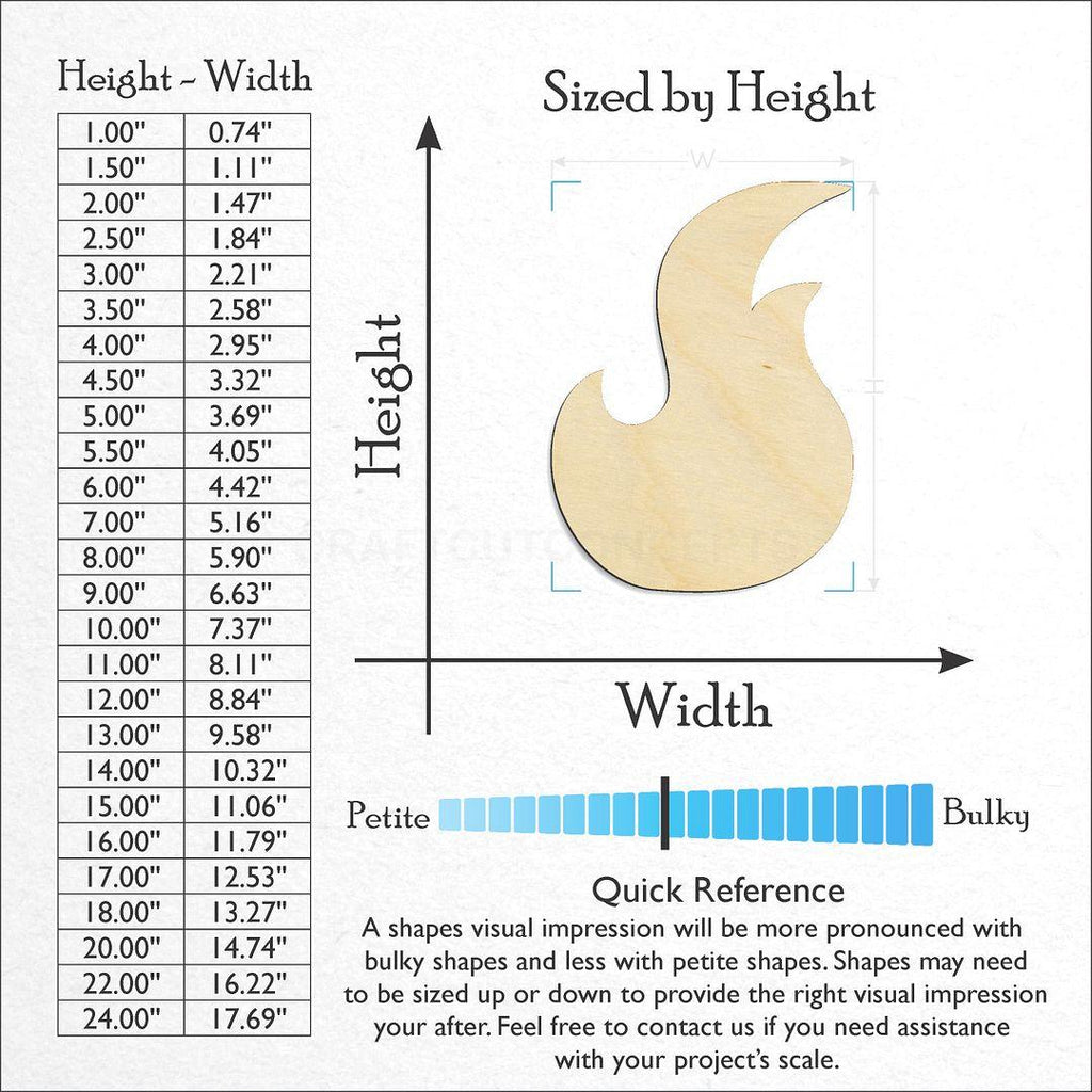 Sizes available for a laser cut Fire Element craft blank