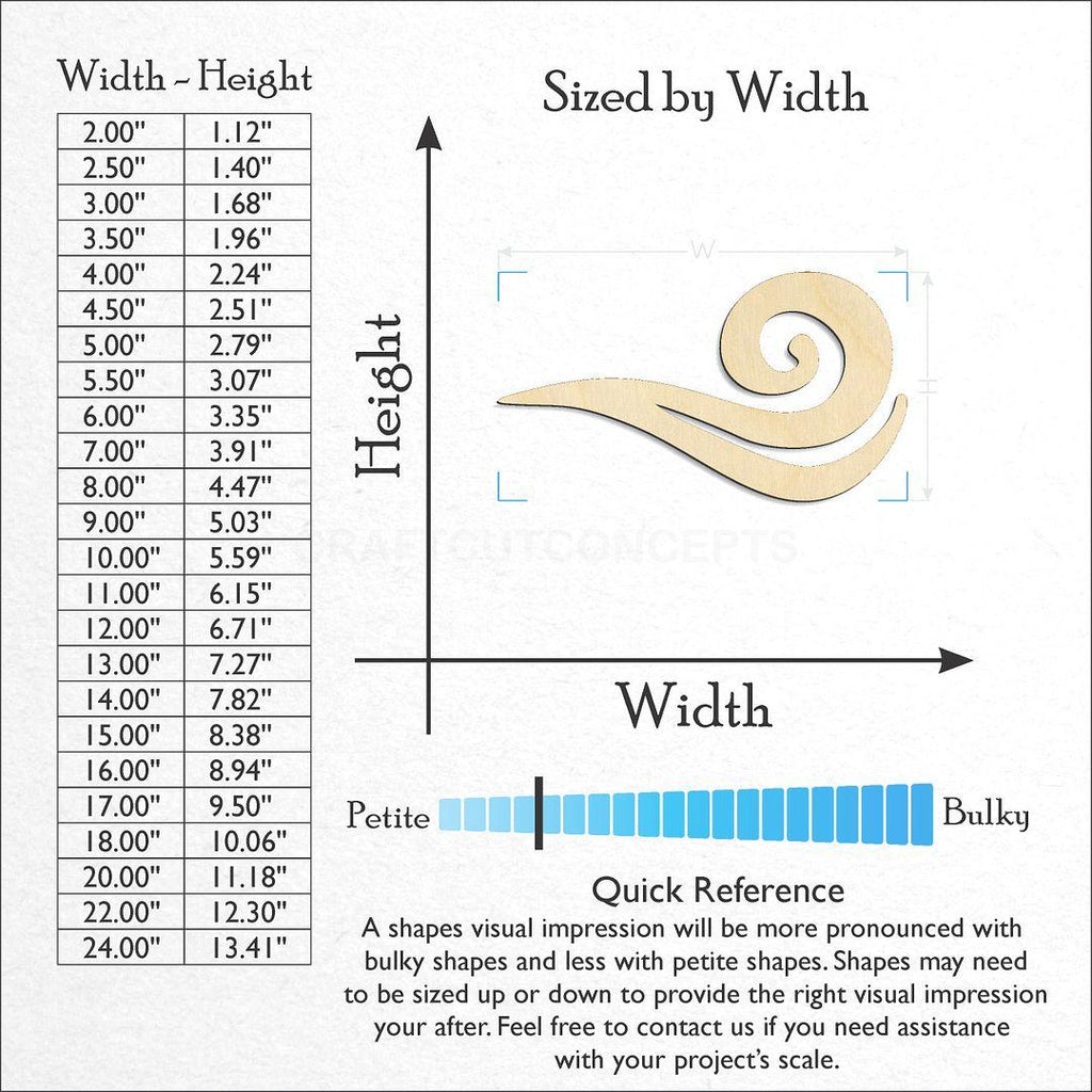 Sizes available for a laser cut Wind Element craft blank