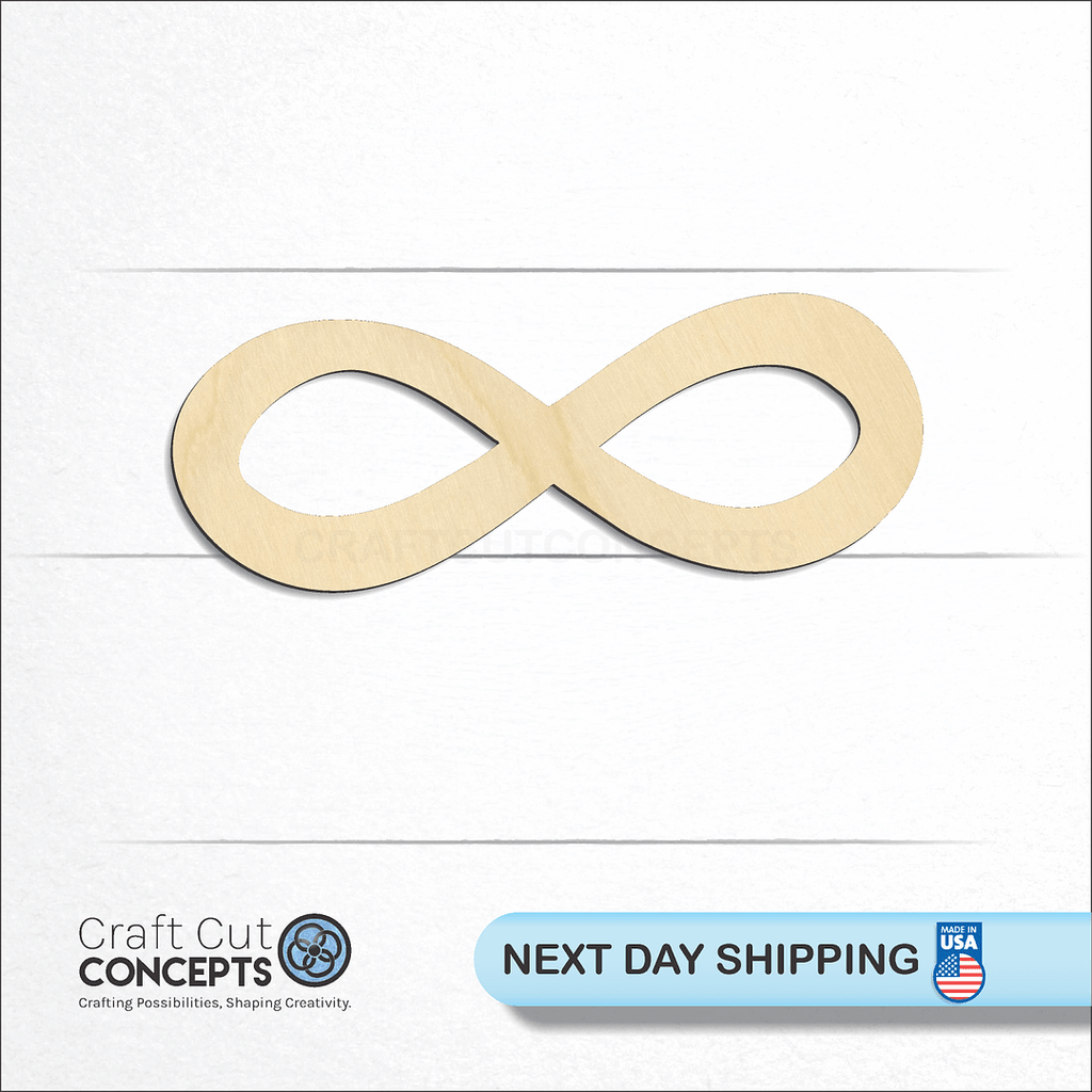 Craft Cut Concepts logo and next day shipping banner with an unfinished wood Infinity Loop craft shape and blank