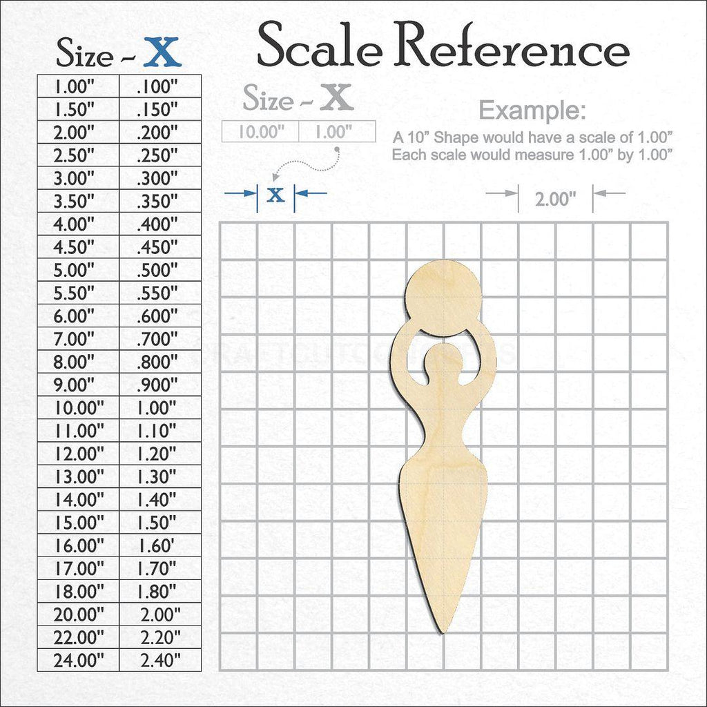 A scale and graph image showing a wood Moon Goddess craft blank