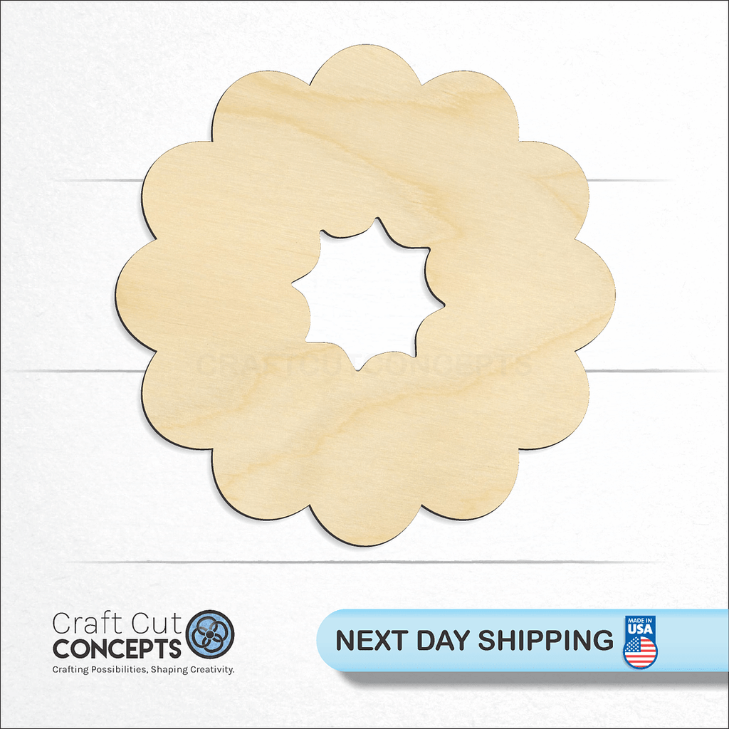 Craft Cut Concepts logo and next day shipping banner with an unfinished wood Christmas Wreath craft shape and blank