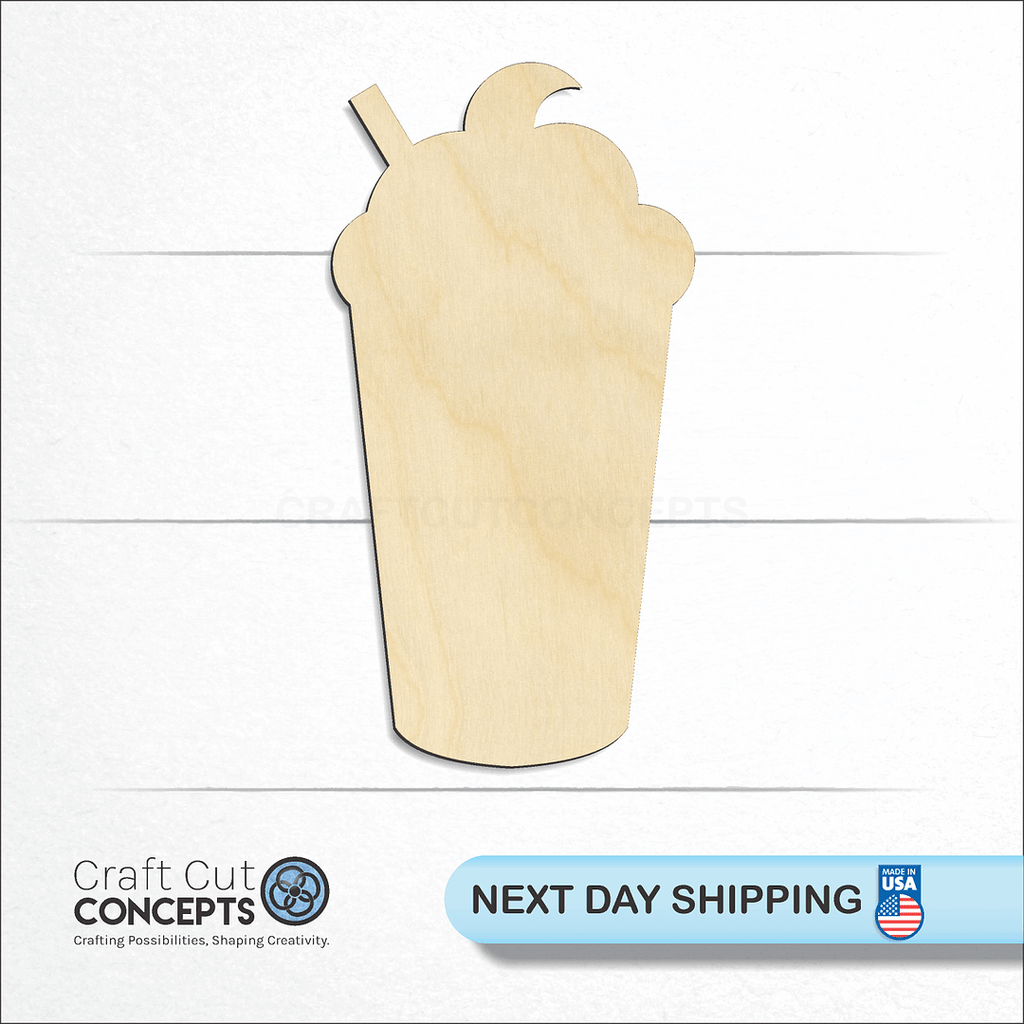 Craft Cut Concepts logo and next day shipping banner with an unfinished wood Milk Shake craft shape and blank