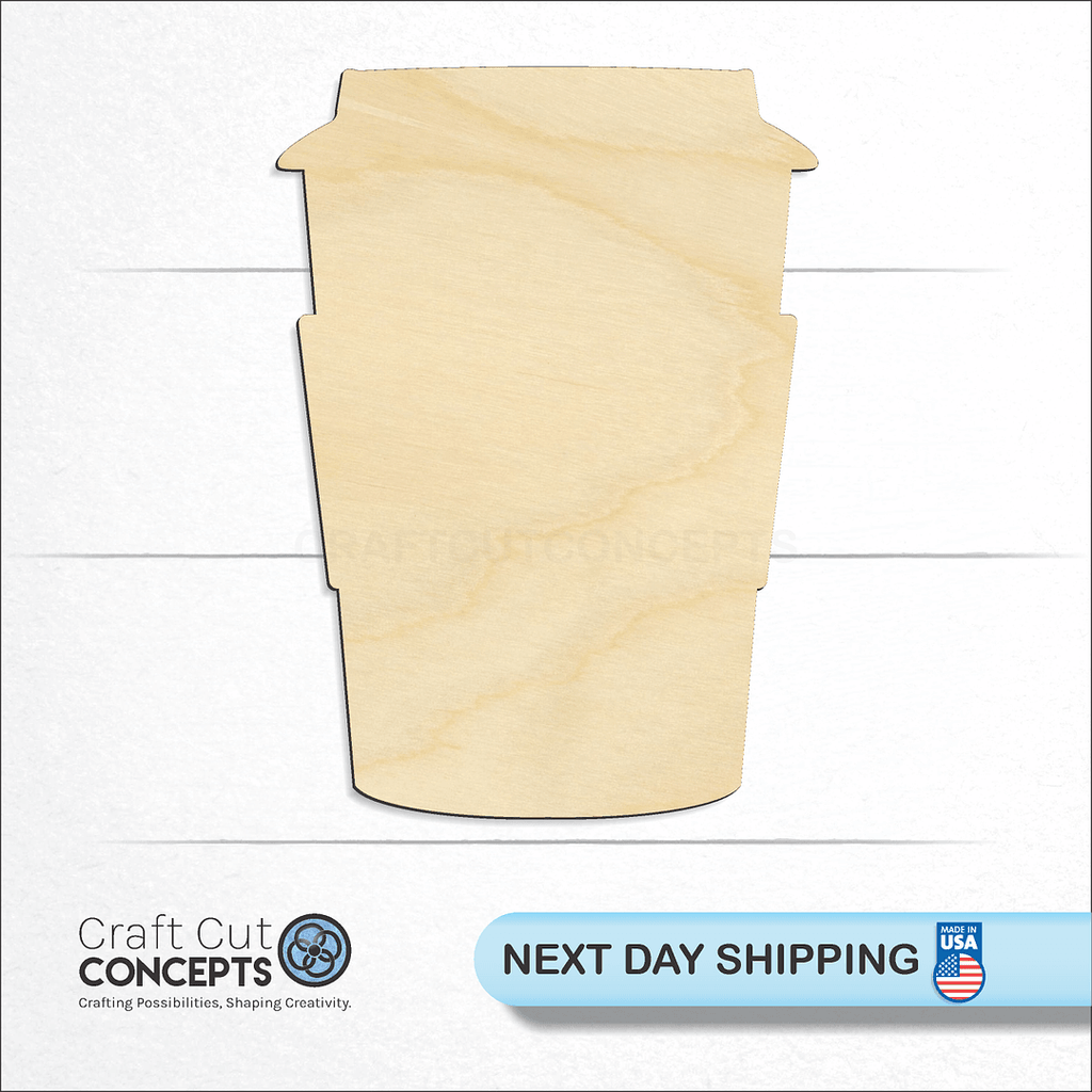 Craft Cut Concepts logo and next day shipping banner with an unfinished wood Disposable Coffee Cup craft shape and blank