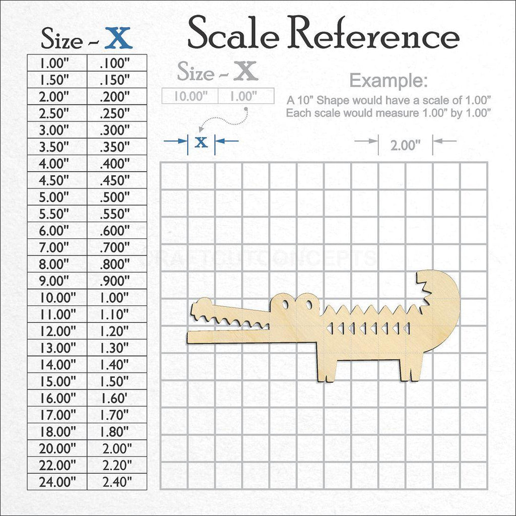 A scale and graph image showing a wood Cute Alligator craft blank