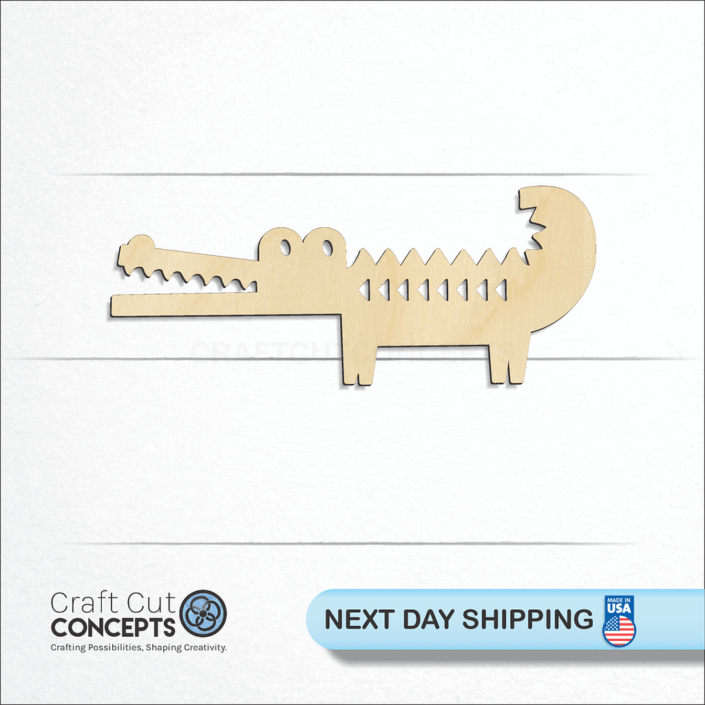 Craft Cut Concepts logo and next day shipping banner with an unfinished wood Cute Alligator craft shape and blank