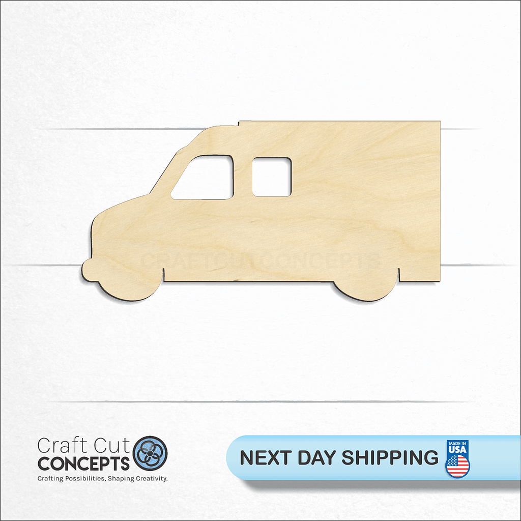 Craft Cut Concepts logo and next day shipping banner with an unfinished wood Ambulance craft shape and blank