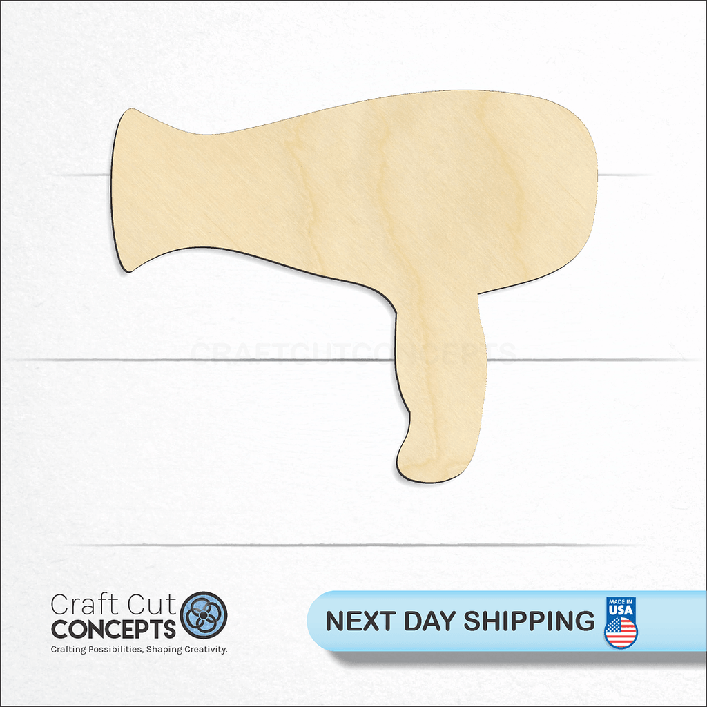 Craft Cut Concepts logo and next day shipping banner with an unfinished wood Hair Dryer craft shape and blank