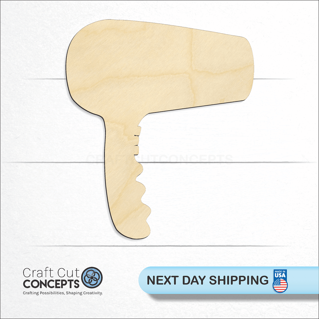 Craft Cut Concepts logo and next day shipping banner with an unfinished wood Hair Dryer craft shape and blank