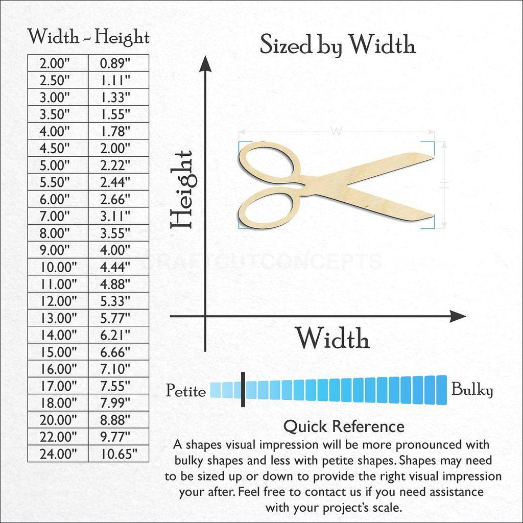 Sizes available for a laser cut Scissors craft blank