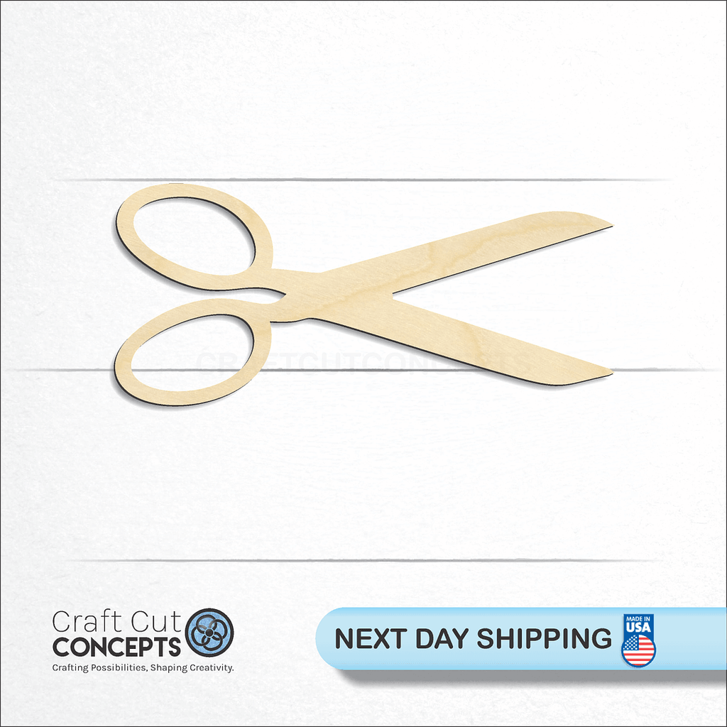 Craft Cut Concepts logo and next day shipping banner with an unfinished wood Scissors craft shape and blank