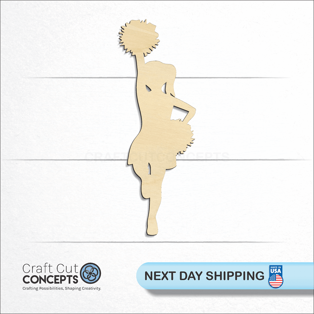 Craft Cut Concepts logo and next day shipping banner with an unfinished wood Cheerleader craft shape and blank