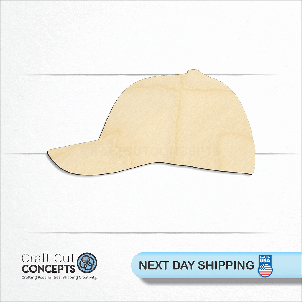 Craft Cut Concepts logo and next day shipping banner with an unfinished wood Baseball Hat craft shape and blank