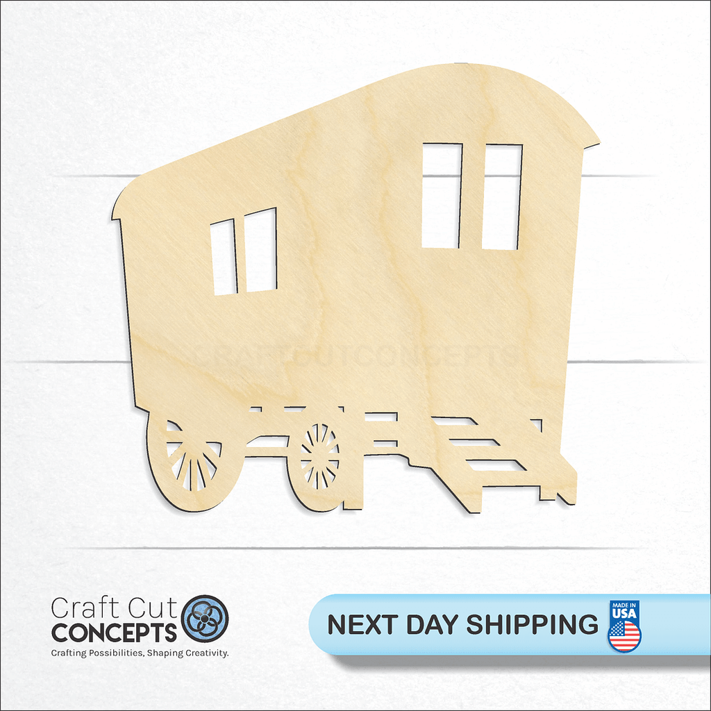 Craft Cut Concepts logo and next day shipping banner with an unfinished wood Gypsy Wagon craft shape and blank