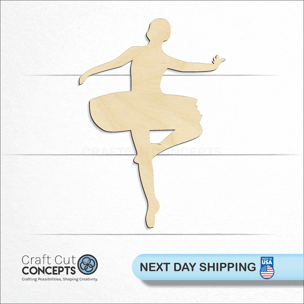 Craft Cut Concepts logo and next day shipping banner with an unfinished wood Nutcracker Ballerina craft shape and blank