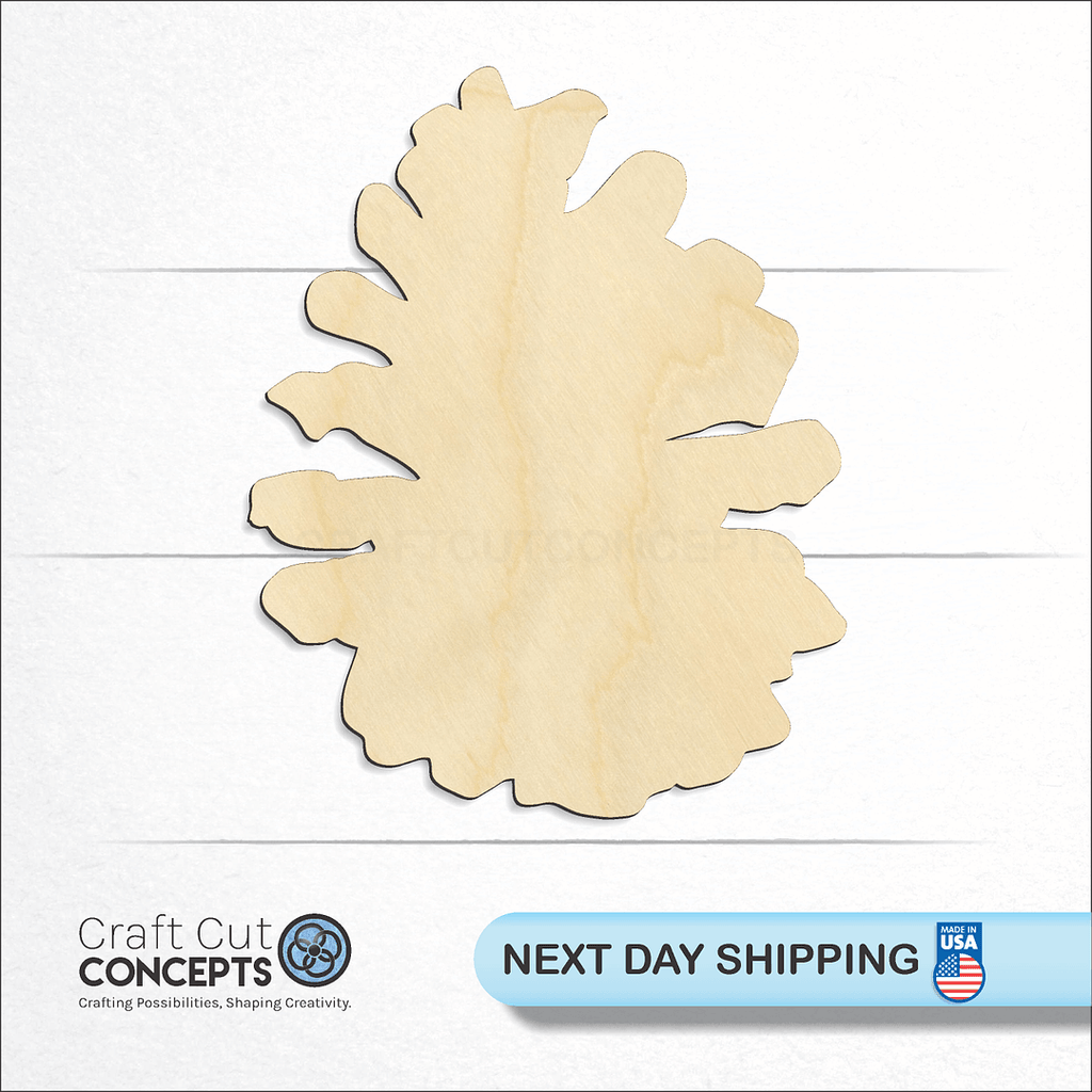 Craft Cut Concepts logo and next day shipping banner with an unfinished wood Pine Cone craft shape and blank