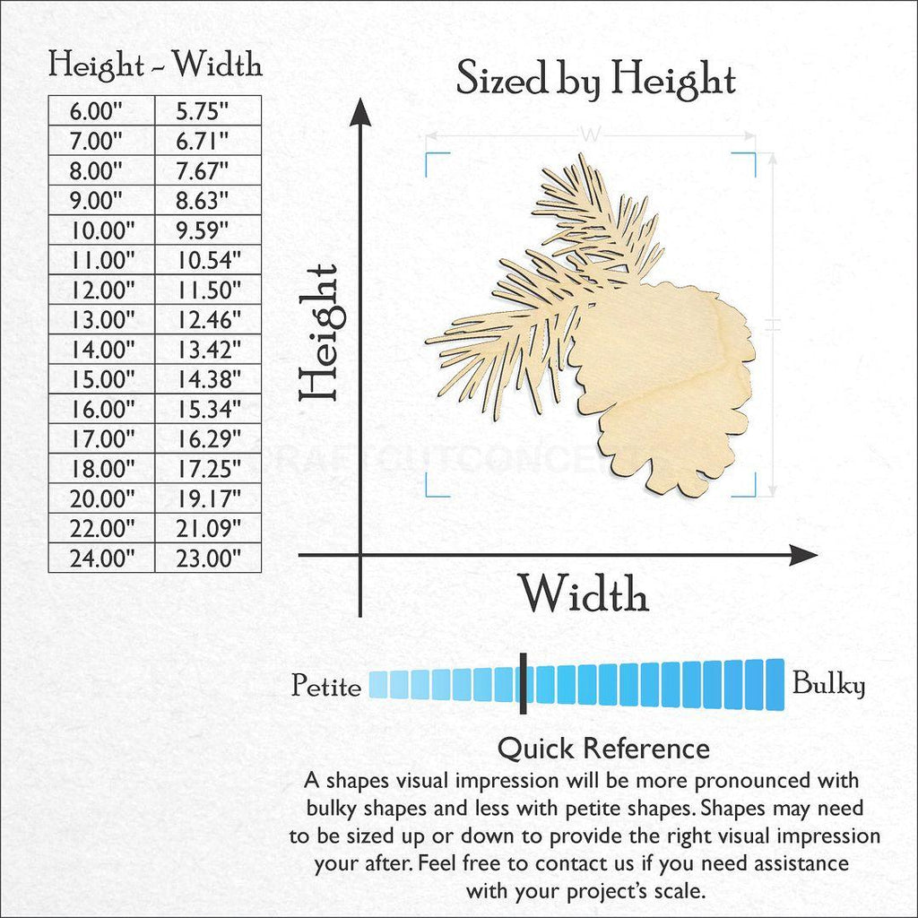 Sizes available for a laser cut Pine Cone Evergreen craft blank