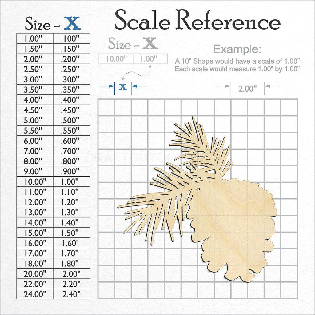 A scale and graph image showing a wood Pine Cone Evergreen craft blank