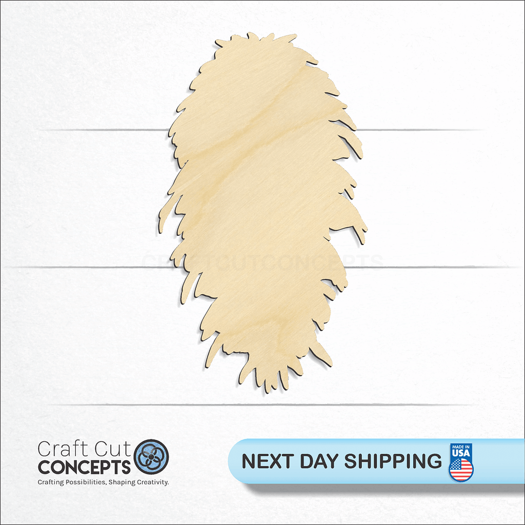 Craft Cut Concepts logo and next day shipping banner with an unfinished wood Pine Cone Douglas Fir craft shape and blank