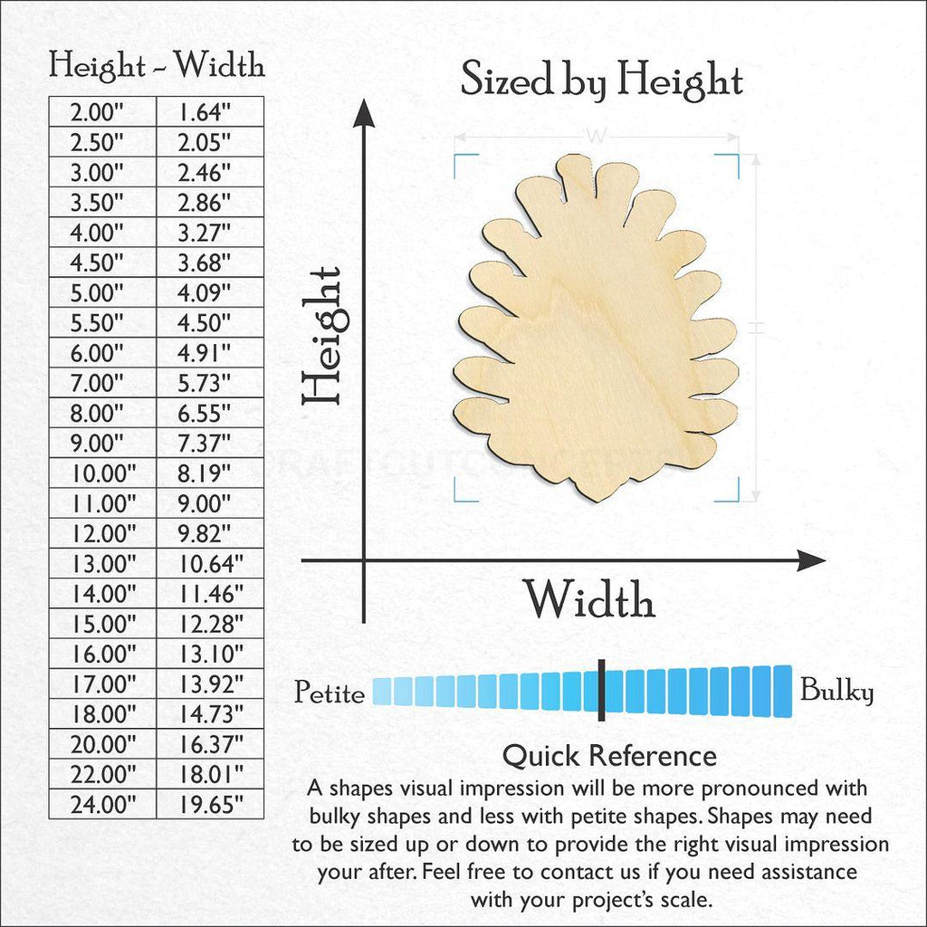 Sizes available for a laser cut Pine Cone craft blank