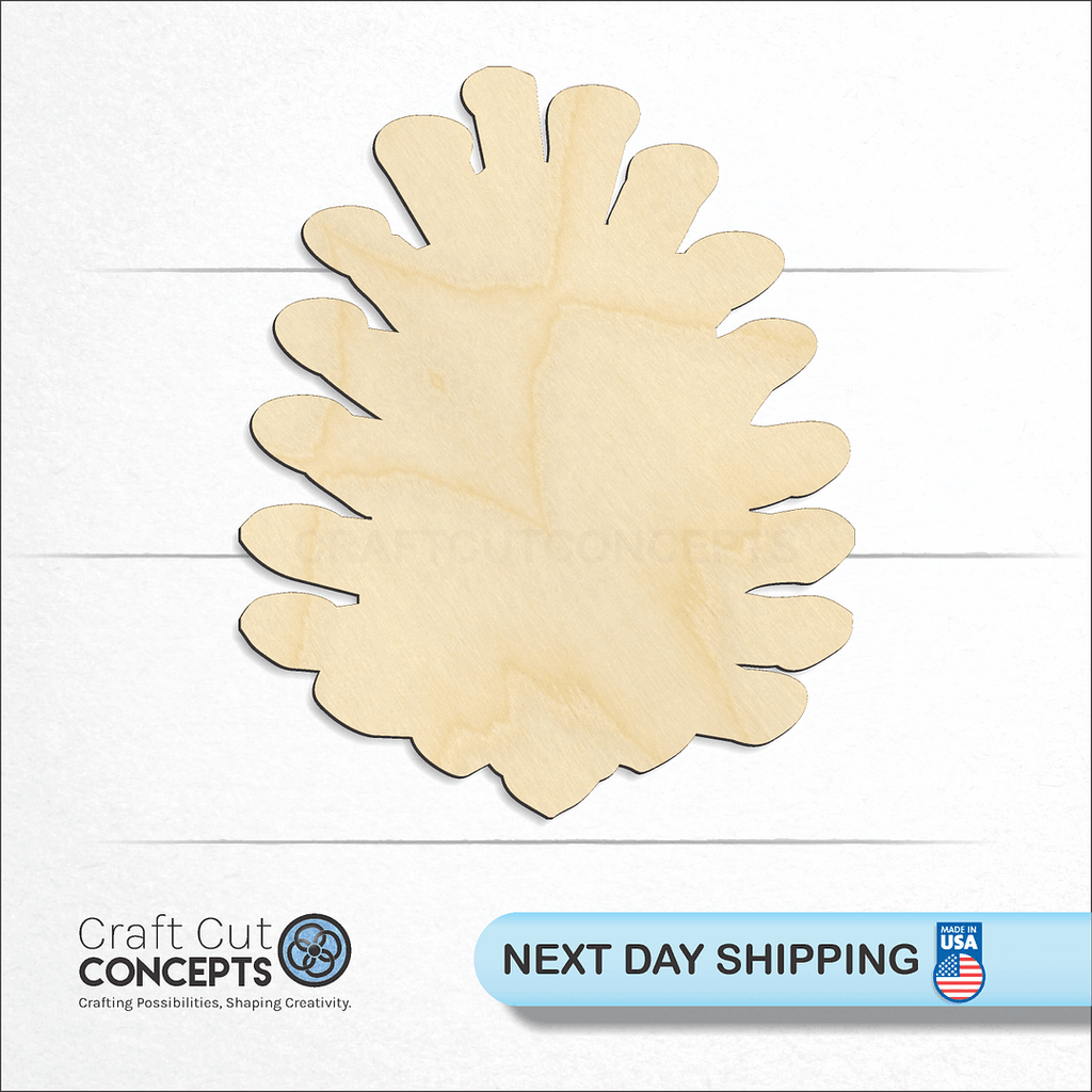 Craft Cut Concepts logo and next day shipping banner with an unfinished wood Pine Cone craft shape and blank