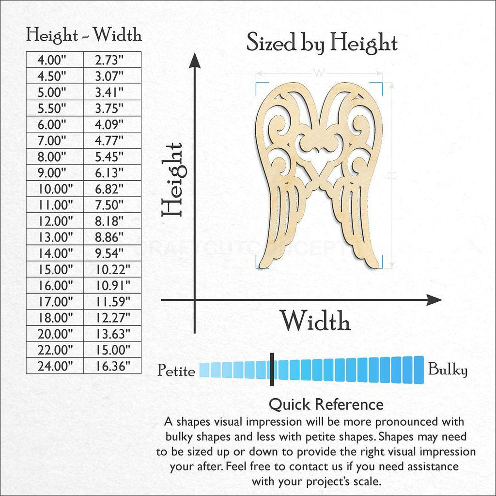 Sizes available for a laser cut Angel Wings craft blank