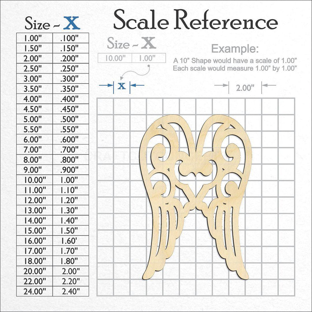 A scale and graph image showing a wood Angel Wings craft blank