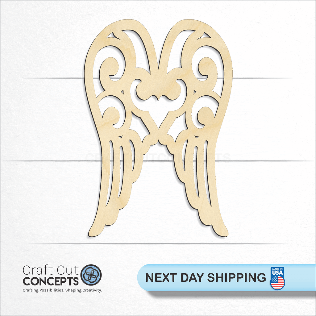 Craft Cut Concepts logo and next day shipping banner with an unfinished wood Angel Wings craft shape and blank