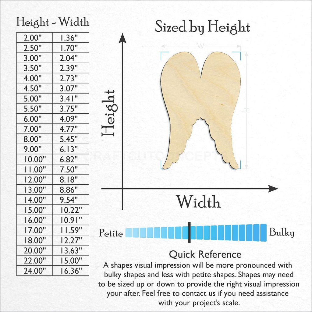 Sizes available for a laser cut Angel Wings craft blank