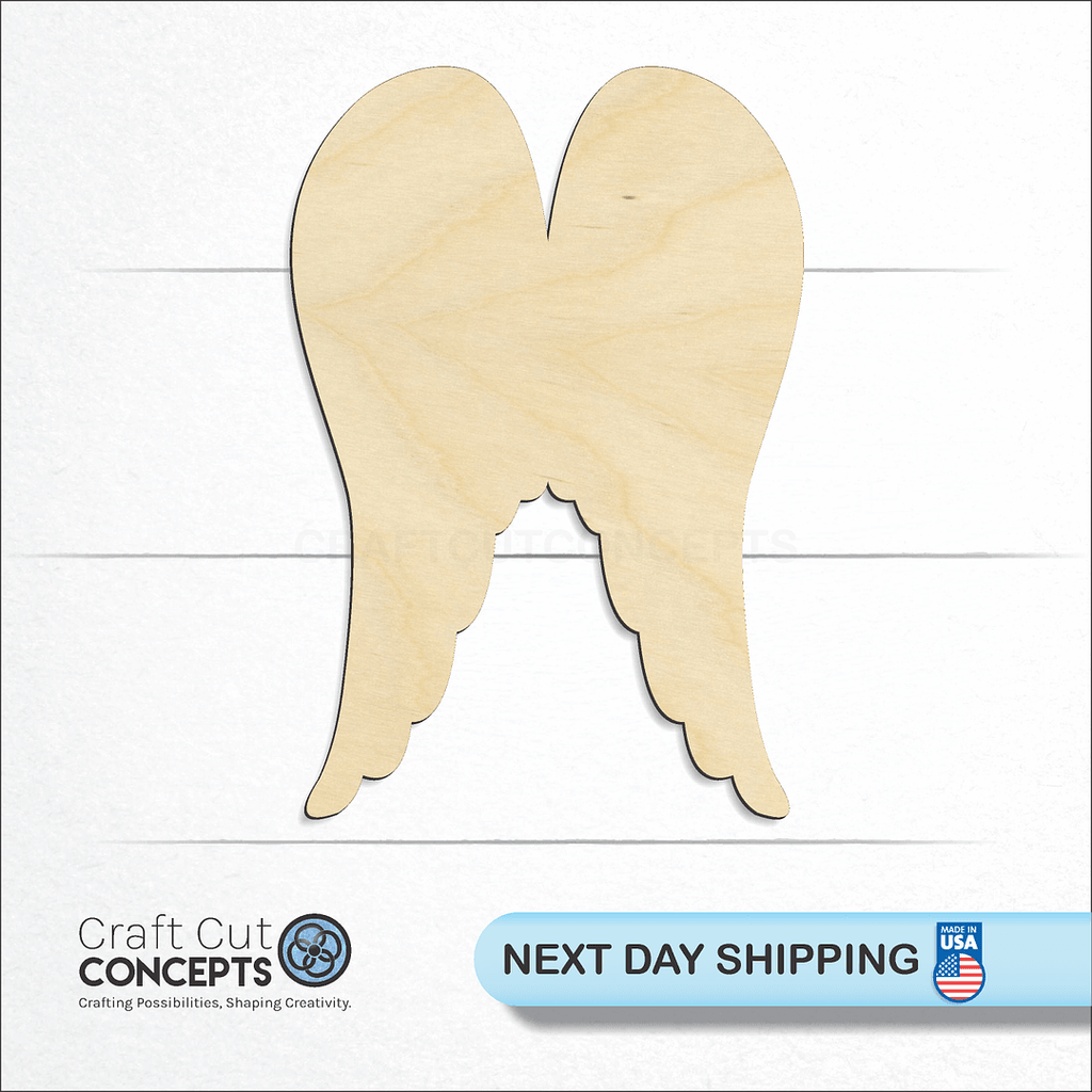 Craft Cut Concepts logo and next day shipping banner with an unfinished wood Angel Wings craft shape and blank