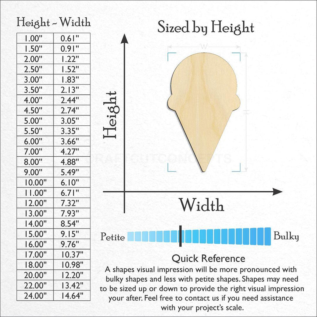 Sizes available for a laser cut Ice Cream Cone craft blank