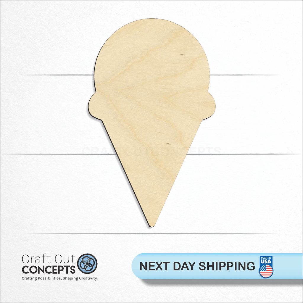 Craft Cut Concepts logo and next day shipping banner with an unfinished wood Ice Cream Cone craft shape and blank