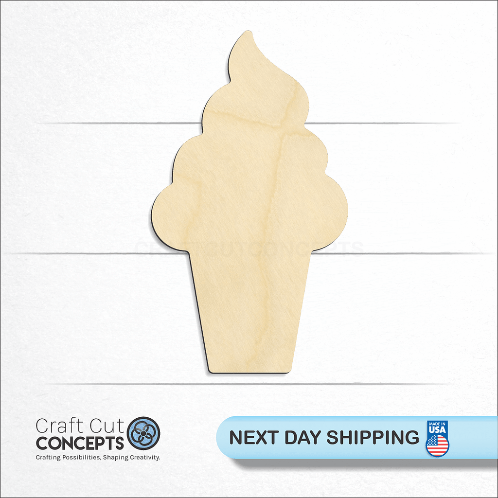 Craft Cut Concepts logo and next day shipping banner with an unfinished wood Ice Cream Cone craft shape and blank