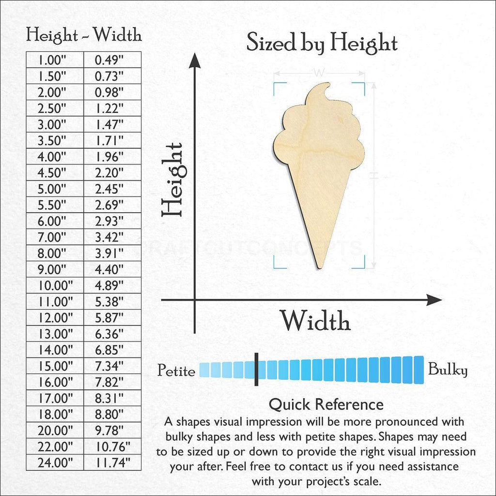 Sizes available for a laser cut Ice Cream Cone craft blank