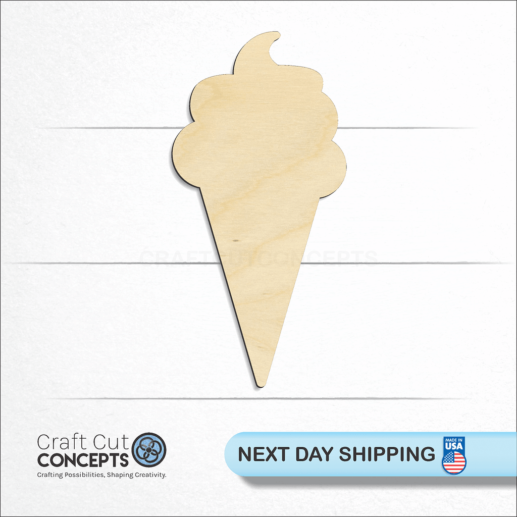 Craft Cut Concepts logo and next day shipping banner with an unfinished wood Ice Cream Cone craft shape and blank