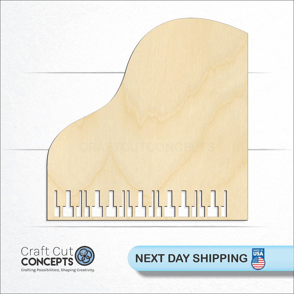 Craft Cut Concepts logo and next day shipping banner with an unfinished wood Grand Piano craft shape and blank