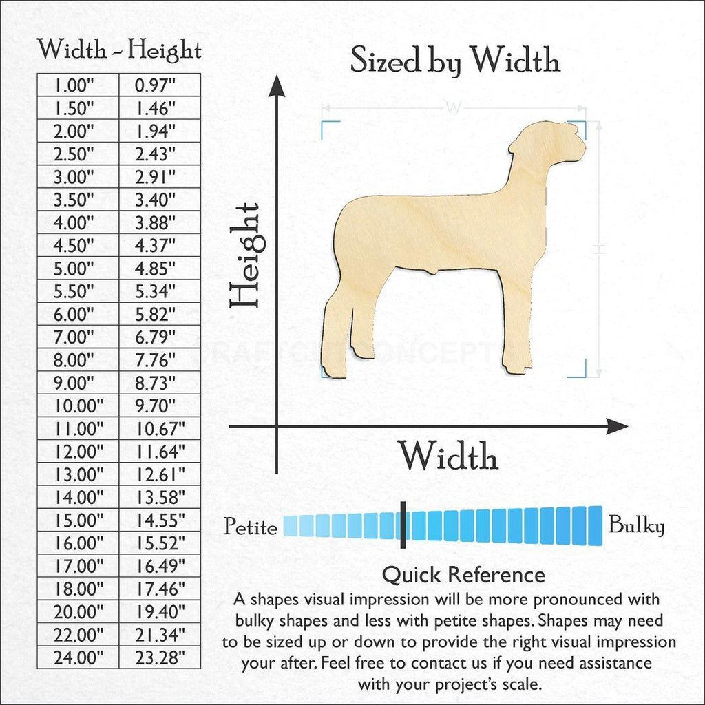 Sizes available for a laser cut Show Sheep craft blank