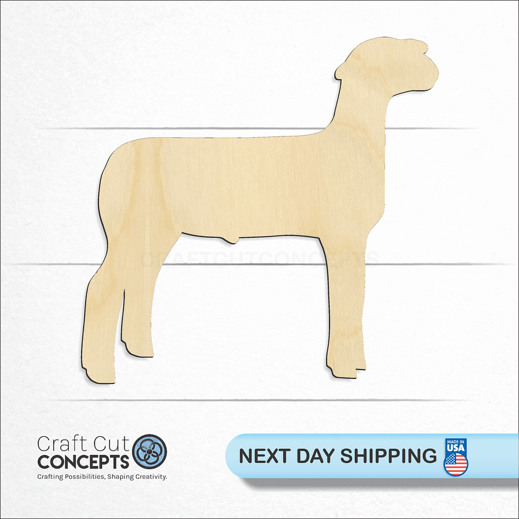 Craft Cut Concepts logo and next day shipping banner with an unfinished wood Show Sheep craft shape and blank