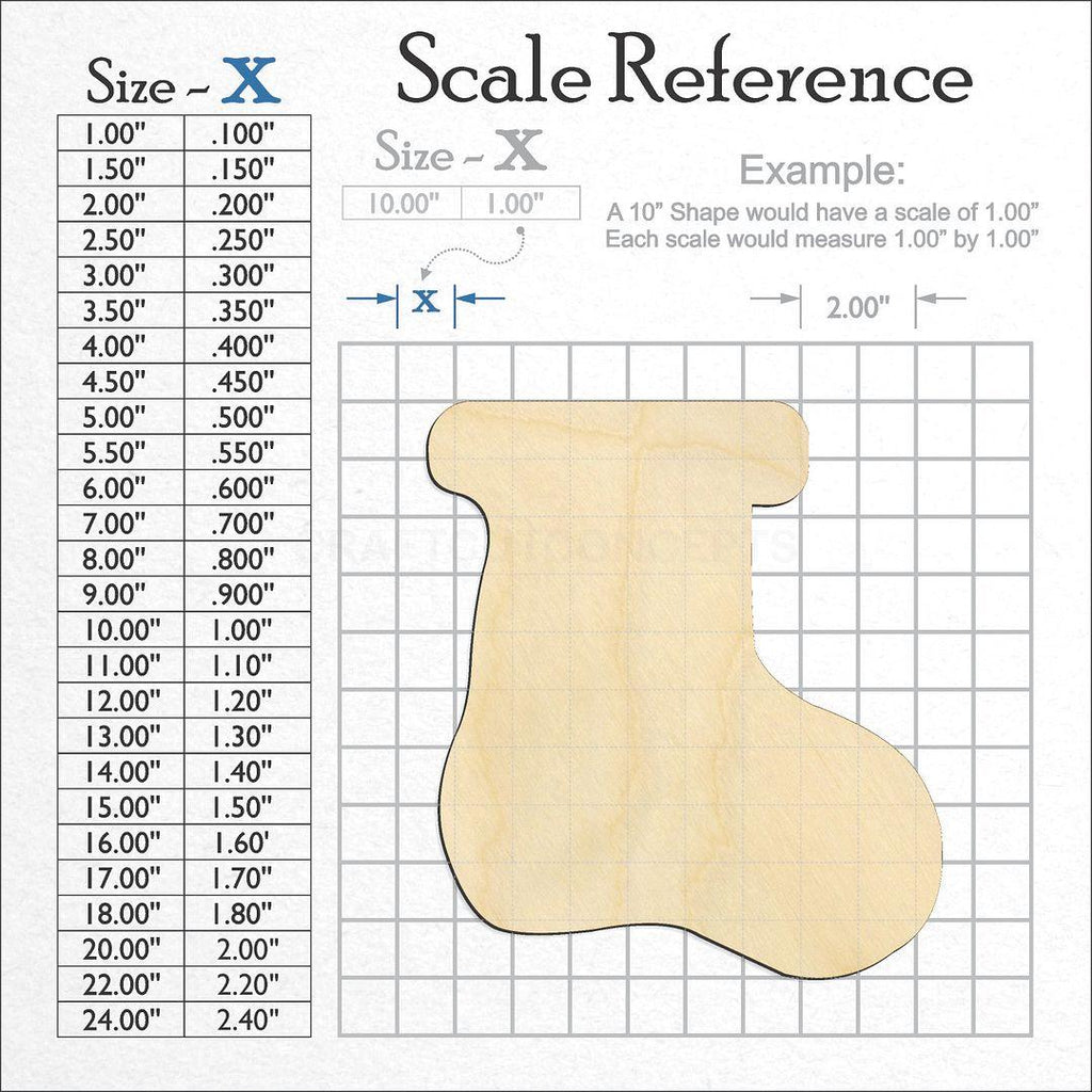 A scale and graph image showing a wood Christmas Stocking craft blank
