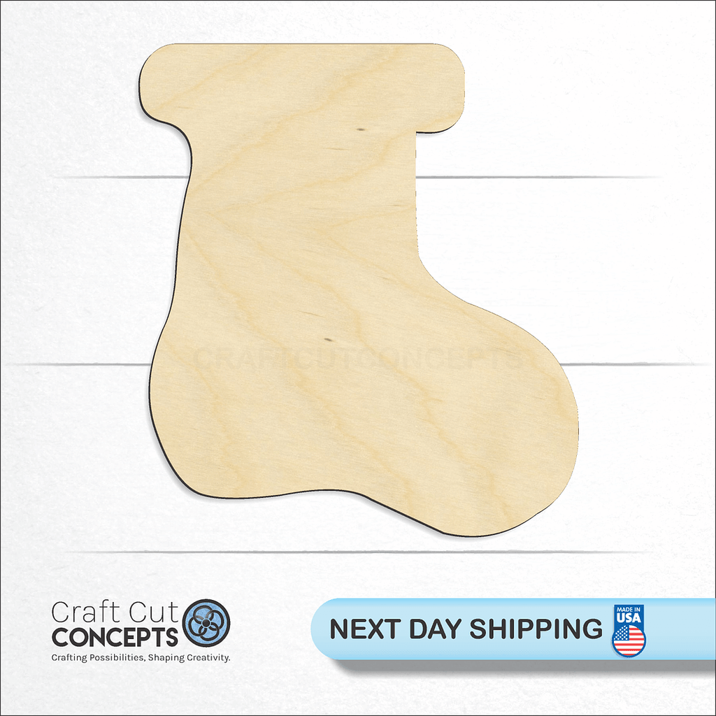 Craft Cut Concepts logo and next day shipping banner with an unfinished wood Christmas Stocking craft shape and blank