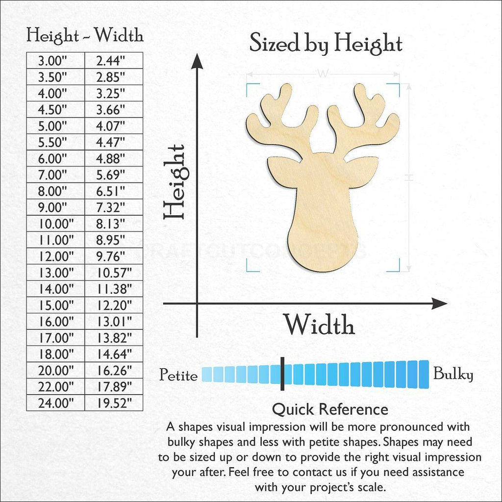 Sizes available for a laser cut Reindeer Head craft blank